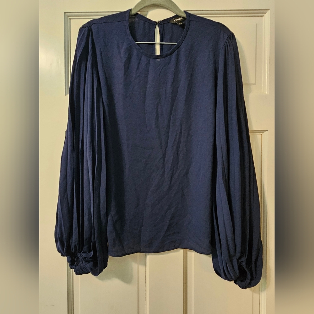 Express Navy Pleated Balloon Sleeve Blouse Large